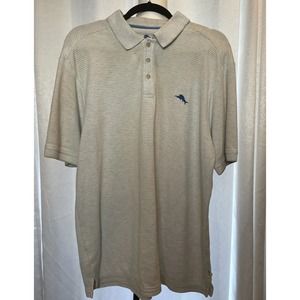Tommy Bahama Polo Shirt Size L Beige White Stripe w/blue Swordfish Short Sleeve